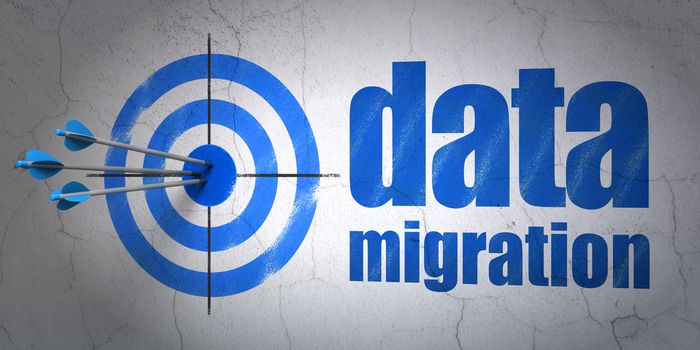 Success Data concept: arrows hitting the center of target, Blue Data Migration on wall background, 3D rendering