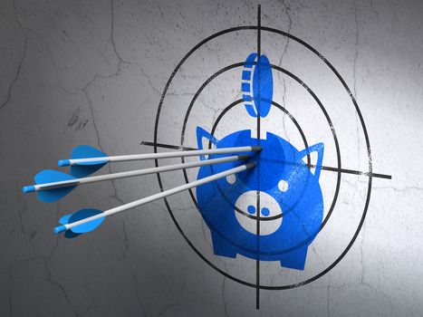 Success money concept: arrows hitting the center of Blue Money Box With Coin target on wall background, 3D rendering