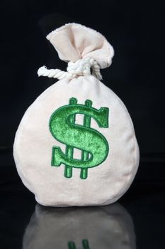 Vertical shot on black background with reflection of money bag with big green dollar sign.