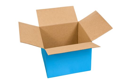 Big cardboard box opened and blue on the outside isolated on white