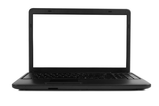 Black laptop showing blank monitor screen and isolated on white background