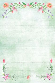 Vintage plank texture with watercolor botanical rose  wreath 