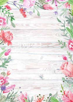 Shabby chic vintage card template for wedding, summer event invitation, menu, table card with meadow flowers and herbs