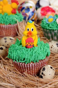 Muffin decorated Easter chicken sitting on the grass