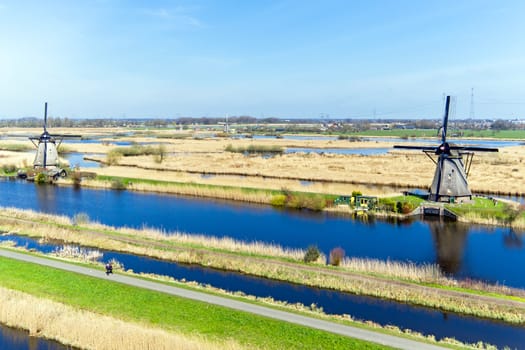 Aerial from traditional windmills at Kinderdijk in the Netherlands