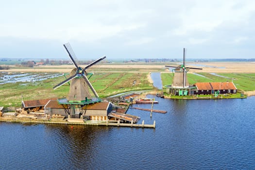 Aerial from traditional windmills at Zaanse Schans in the Netherlands