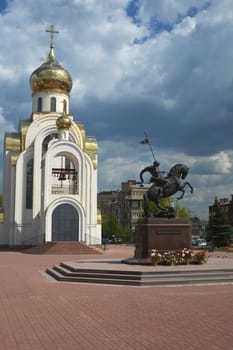 IVANOVO, RUSSIA - OCTOBER 6. Victory Square in the city of Ivanovo, Russia, the monument to St. George, and the Orthodox Church. May 10, 2016.