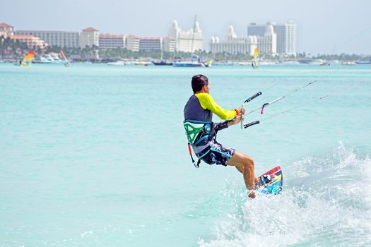 Kite surfer on Aruba island in the Caribbean