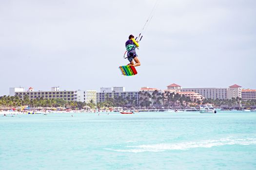 Kite surfer on Aruba island in the Caribbean
