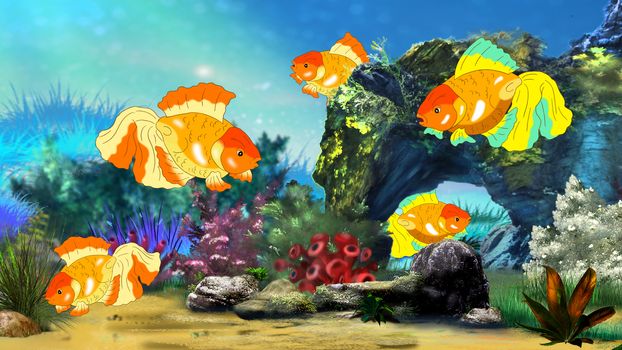 Goldfish in a Fish tank. Digital painting  full color illustration.