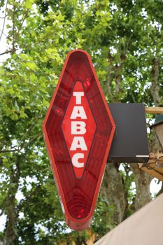 French Red And White Sign Tabac. In France "Tabac" means Tobacco