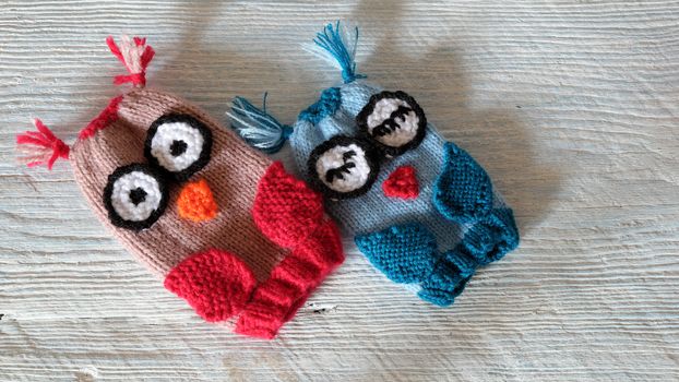 Hand puppets for children day, colorful owl puppet knit from yarn, funny handmade gift for child day on white wooden background