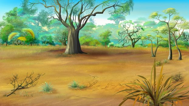 Digital painting of Large Solitary Tree in the Meadow