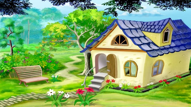 Digital painting of the Village Garden House in a summer day. Rural landscape.