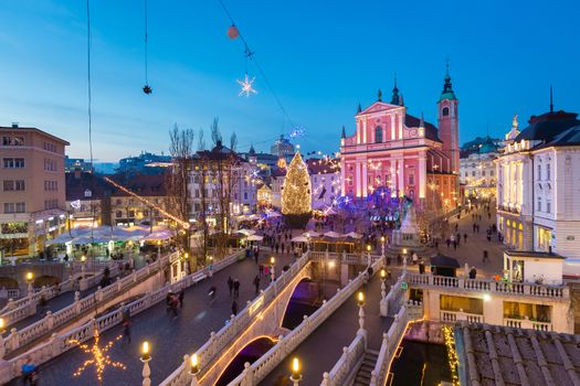 Romantic Ljubljana's city center decorated for Christmas holiday. Preseren's square, Ljubljana, Slovenia, Europe. Horizontal composition.