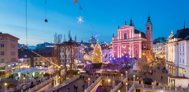Romantic Ljubljana's city center decorated for Christmas holiday. Preseren's square, Ljubljana, Slovenia, Europe. Panoramic view.