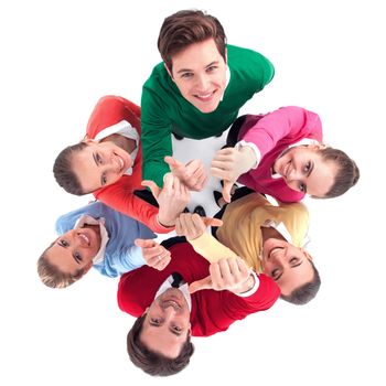 Top view of happy young people group with thumbs up isolated on white background