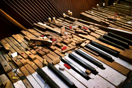 Keyboard of old broken piano (close-up view)