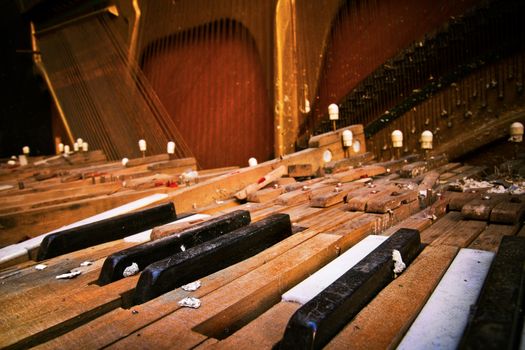 Keyboard of old broken piano (close-up view)