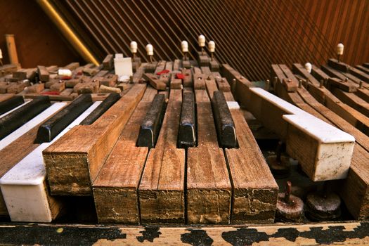 Keyboard of old broken piano (close-up view)