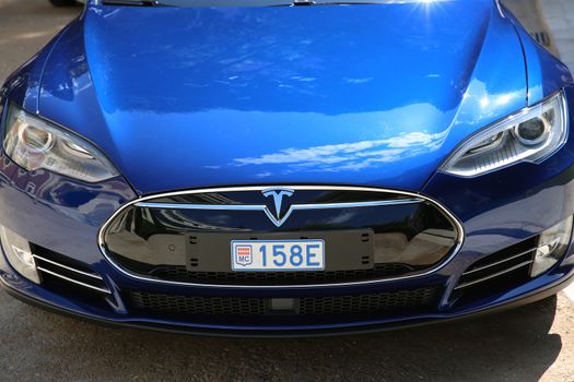 Nice, France - May 15, 2016: Blue Tesla Model S P90D Car Parked in Front of the Nice Orthodox Church