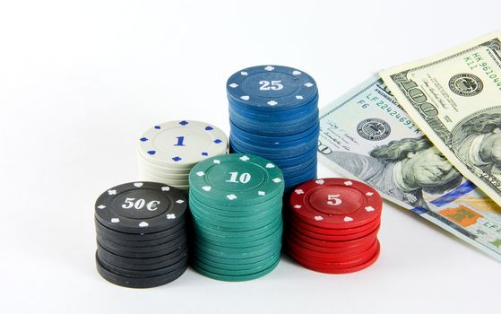 The chips of different values for casino games and $ 100 banknotes