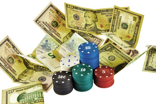 The chips of different values for casino games and banknotes of different denomination