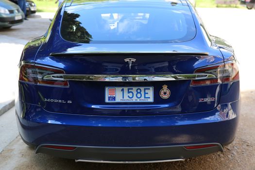 Nice, France - May 15, 2016: Blue Tesla Model S P90D Car Parked in Front of the Nice Orthodox Church