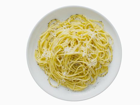 close up of italian pepe e cacio pepper with cheese spaghetti isolated