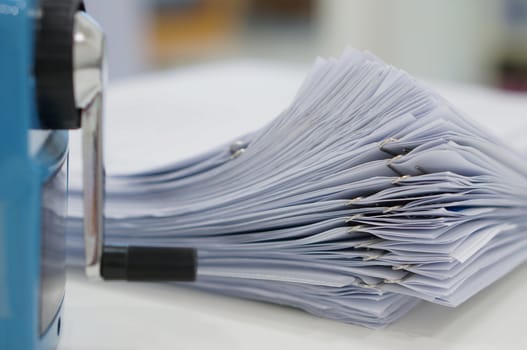 Stack of data document  and sharpener are on desk in office.