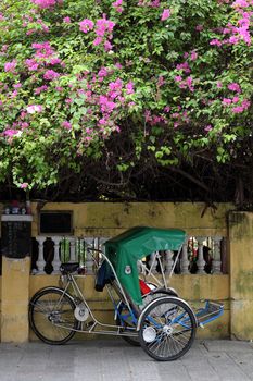 Nice scene at Hoi An old town, a famous place for Vietnam travel, pedicab park on pavement under flower trellis, pedicab is eco transport vehicle that friendly with environment