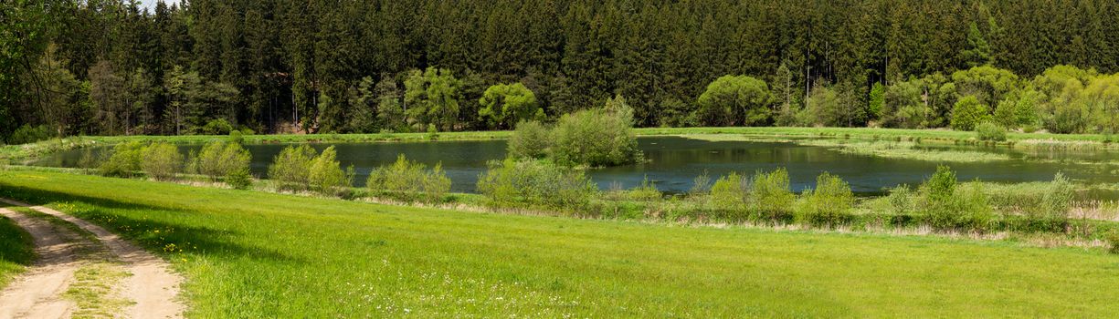 wide panorama, Beautiful summer rural landscape with small lagoon. Rural landscape with pond. Spring landscape. Green czech countryside. Beautiful highland vysocina european countryside