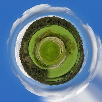 tiny planet of beautiful summer rural landscape with forest. Rural landscape with trees. Spring landscape. Green czech countryside. Beautiful highland vysocina european countryside, ecology concept