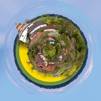 Small church in village in Czech republic Priseka. Beautiful view to spring vysocina countryside. Rural scene. Tiny countryside planet.