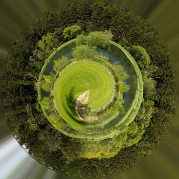 wide panorama, Beautiful summer rural landscape with small lagoon. Green czech countryside. Beautiful highland vysocina european countryside. Beautiful Little planet ecology concept. Tiny green planet