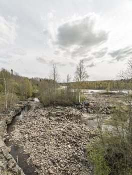 Umea River in Baggbole, Sweden with trees and a cloudy sky.