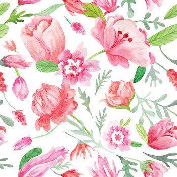 Seamless texture with botanical illustrations of blossoming peony, tulip and poppy flowers 