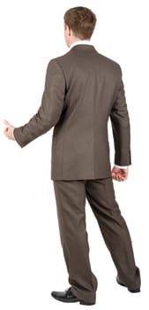 Rear view of man with stretched arm isolated on white background