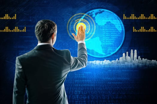 Businessman touching digital screen with earth globe. Elements of this image furnished by NASA