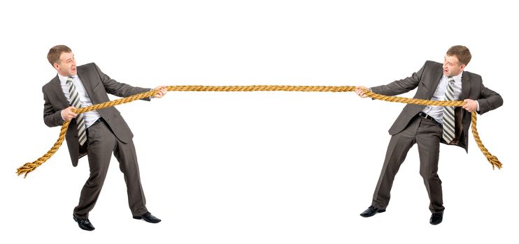 Tug war, two businessman pulling rope in opposite directions isolated on white background