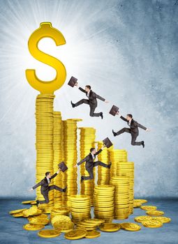 Businessmen run and jump on money stairs  to dollar sign on top