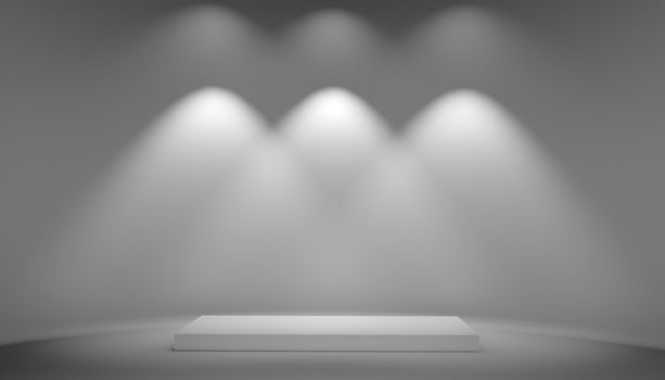 White podium on grey background. Exhibition pedestal and light from lamps on wall. 3D illustration