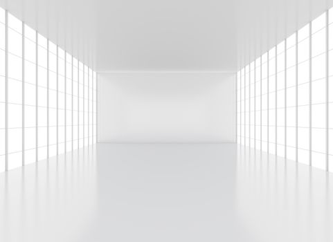 Empty clean white exhibition hall or room win windows. 3D rendering