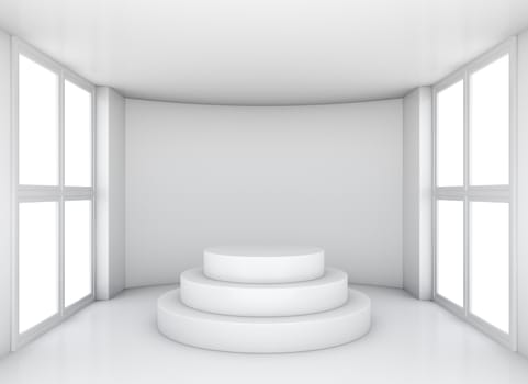 Presentation clean white room with empty podium in center. 3D illustration