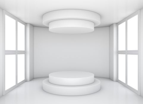 Empty showcase. Pedestal and top cap in white room with window. Template for design. 3D illustration