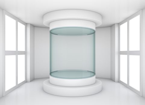 Empty glass showcase in exhibition room, 3d rendering