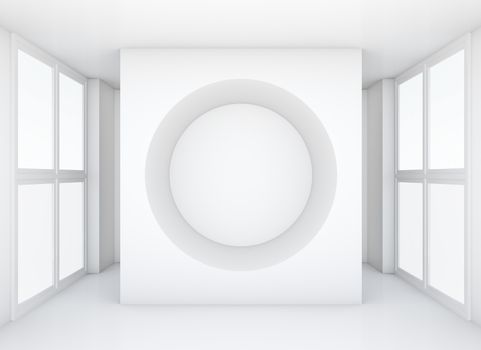 White wall with hole in clean exhibition room with large windows. Empty space for products. 3D rendering