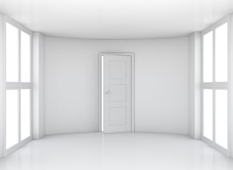 Empty white clean room with opened door and large windows. 3D rendering