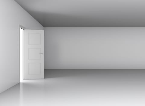 Opened door with bright light on empty white wall background. 3D rendering