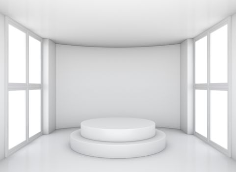 New interior with round concrete and large windows. 3D illustration